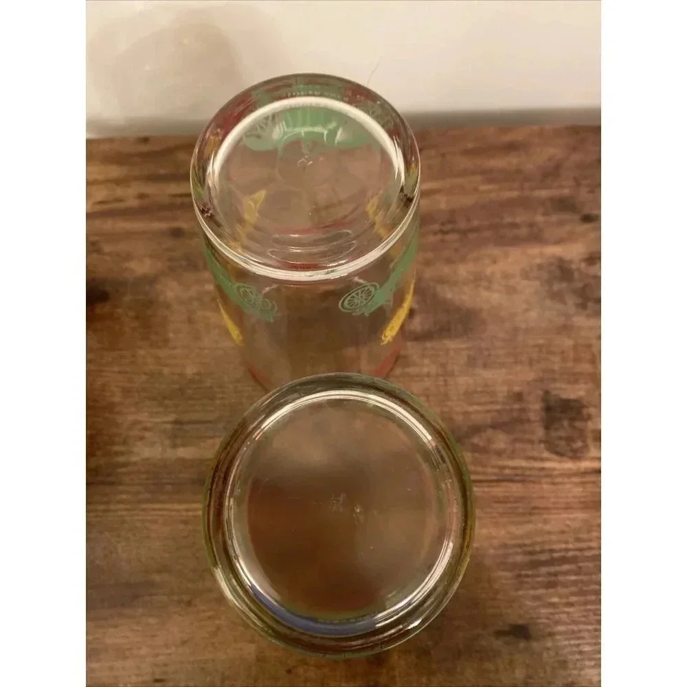 Vintage Red Green Yellow Antique Cars Automobiles Drinking Glass Mid Century Mod